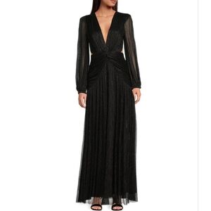 Gianni Binni Black Metallic V-Neck Chiffon Cut- Out Evening Gown